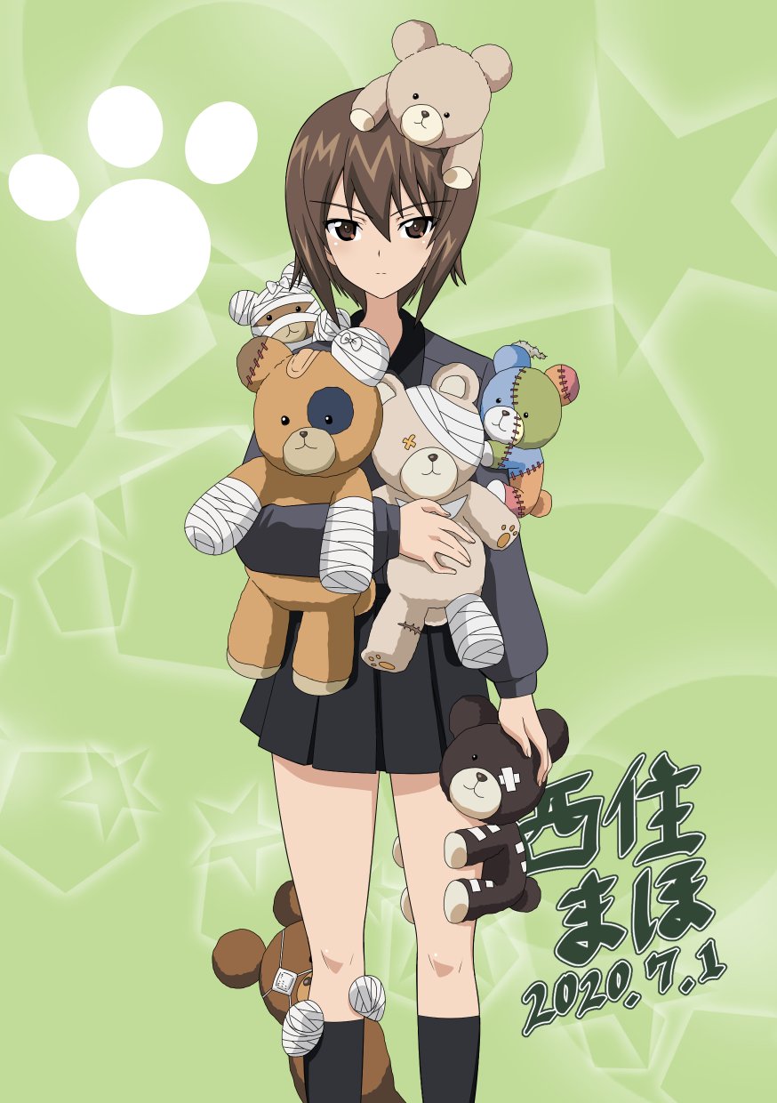 1girl :| bandages bandaid bangs black_legwear black_skirt boko_(girls_und_panzer) brown_eyes brown_hair character_name closed_mouth commentary dated dress_shirt expressionless eyebrows_visible_through_hair eyepatch girls_und_panzer green_background grey_shirt highres holding holding_stuffed_toy kneehighs kuromorimine_school_uniform long_sleeves looking_at_viewer miniskirt nao_(nao_puku777) nishizumi_maho paw_print pentagon_(shape) pleated_skirt school_uniform shirt short_hair skirt solo standing starry_background stitches stuffed_animal stuffed_toy teddy_bear