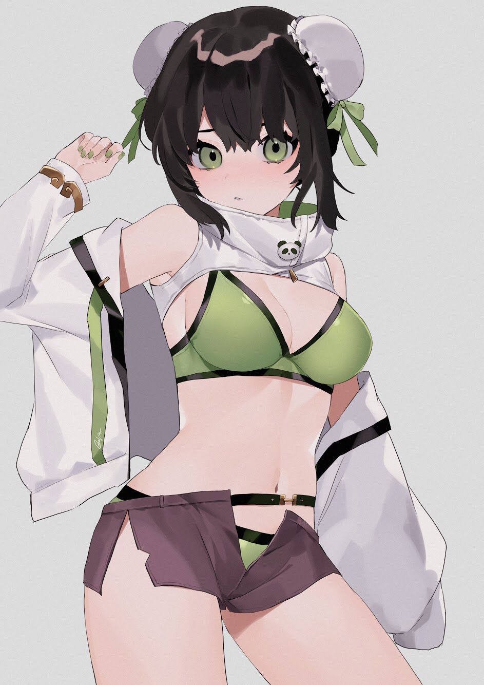 1girl bangs bare_shoulders bebe_pp bikini black_hair breasts brown_shorts bun_cover chainsaw_of_the_dead cowboy_shot double_bun fate/grand_order fate_(series) green_bikini green_eyes green_nails green_ribbon grey_background hand_up highres jacket long_sleeves looking_at_viewer nail_polish navel open_clothes open_fly open_jacket qin_liangyu_(fate) ribbon shiny shiny_hair short_shorts shorts simple_background solo standing swimsuit swimsuit_under_clothes thighs white_jacket