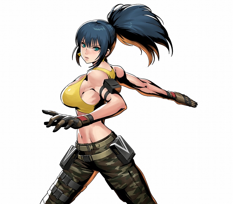 1girl bangs bare_shoulders blue_eyes blue_hair breasts camouflage camouflage_pants earrings gloves jewelry leona_heidern looking_at_viewer metal_slug metal_slug_attack midriff muscle muscular_female navel official_art pants ponytail pouch senno_aki sideboob solo tank_top the_king_of_fighters the_king_of_fighters_xiv toned triangle_earrings twisted_torso yellow_tank_top