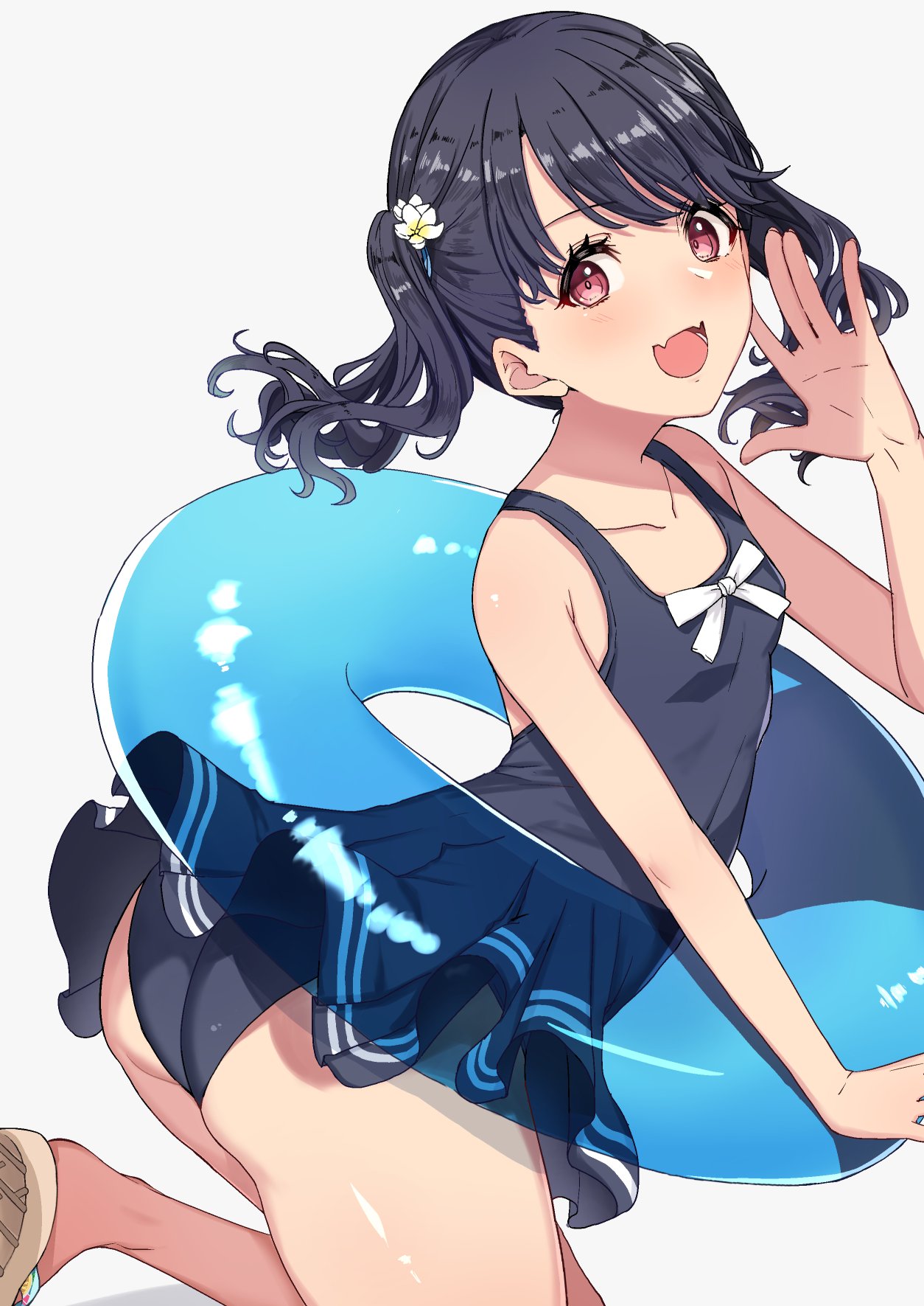 1girl artist_request ass bare_arms bare_shoulders black_hair black_swimsuit collarbone cure_slum fangs flower fukumaru_koito hair_flower hair_ornament highres idolmaster idolmaster_shiny_colors innertube looking_at_viewer looking_to_the_side one-piece_swimsuit skin_fangs solo swimsuit swimsuit_skirt thighs twintails violet_eyes white_background