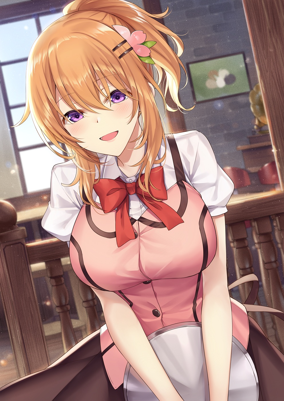 1girl :d alternate_hairstyle bangs bow bowtie breasts brown_skirt commentary_request gochuumon_wa_usagi_desu_ka? hair_between_eyes hair_ornament hairclip highres holding holding_tray hoto_cocoa indoors ks_(xephyrks) large_breasts long_hair looking_at_viewer older open_mouth orange_hair pink_vest puffy_short_sleeves puffy_sleeves rabbit_house_uniform red_bow red_neckwear shirt short_sleeves skirt smile solo tray v_arms vest violet_eyes white_shirt window