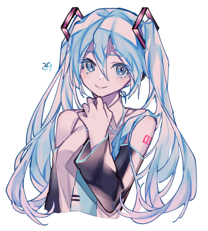 arm_tattoo blue_eyes blue_hair cropped_torso detached_sleeves hair_between_eyes hatsune_miku light_blush looking_to_the_side puchipuchi smile tattoo twintails vocaloid white_background