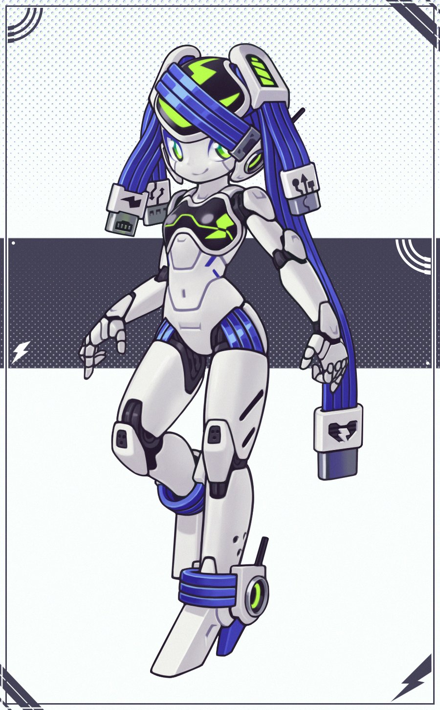 1girl android arms_at_sides blue_hair breasts bright_pupils cable english_commentary full_body green_eyes hair_over_one_eye high_heels highres humanoid_robot joints looking_at_viewer lordyanyu original robot_joints small_breasts smile solo white_pupils