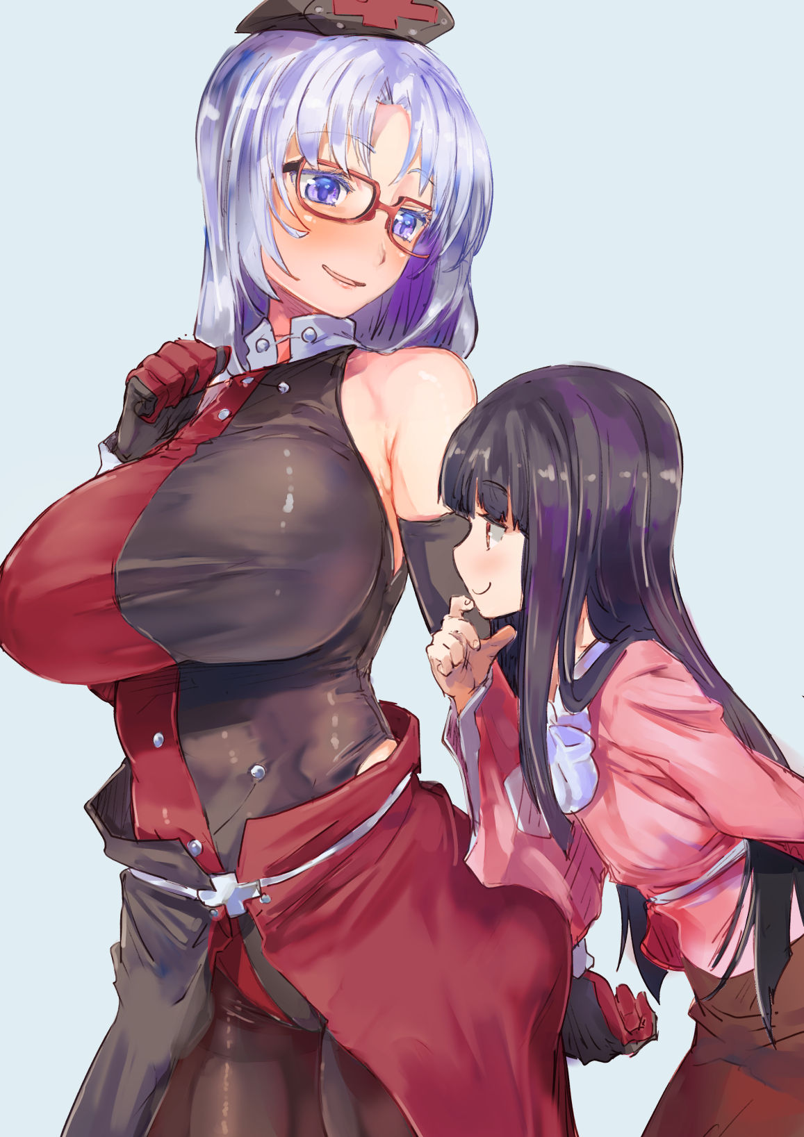 2girls adapted_costume black_hair blue_eyes blush breasts glasses gloves hat highres hime_cut houraisan_kaguya large_breasts long_hair looking_at_another multiple_girls nurse_cap open_mouth red_eyes silver_hair smile touhou yagokoro_eirin yohane