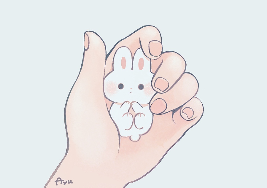 1other animal ayu_(mog) fingernails grey_background holding holding_animal looking_at_viewer original out_of_frame pink_nails rabbit signature simple_background