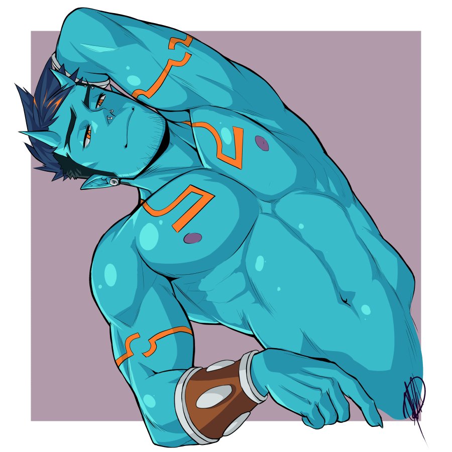 1boy abs arm_up armpits bara blue_oni blue_skin bracelet chest cropped_torso earrings facial_hair horns jasdavi jewelry leaning_to_the_side male_focus multicolored_hair muscle navel nipples oni oni_horns orange_eyes orange_hair original oskar_(jasdavi) pointy_ears red_eyes shirtless short_hair sideburns solo streaked_hair stubble