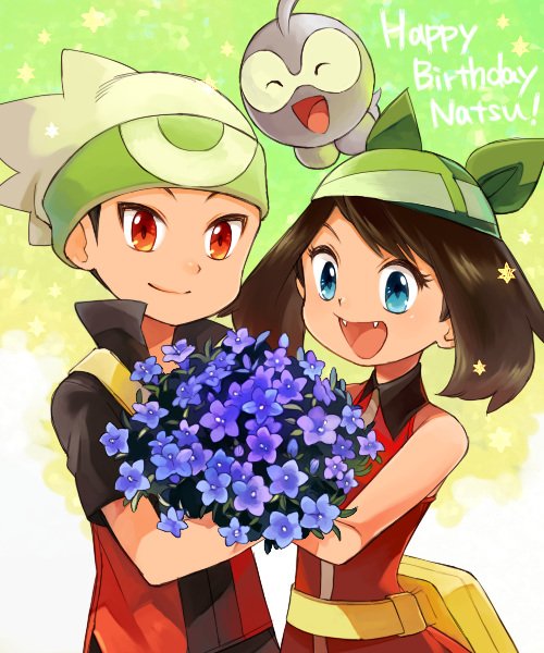 1boy 1girl :d bare_arms beanie blue_eyes brendan_(pokemon) brown_hair castform commentary_request eyelashes fangs fanny_pack flower gen_3_pokemon green_bandana happy_birthday hat may_(pokemon) open_mouth pokemon pokemon_(creature) pokemon_(game) pokemon_emerald pokemon_rse purple_flower sasairebun short_sleeves smile tongue