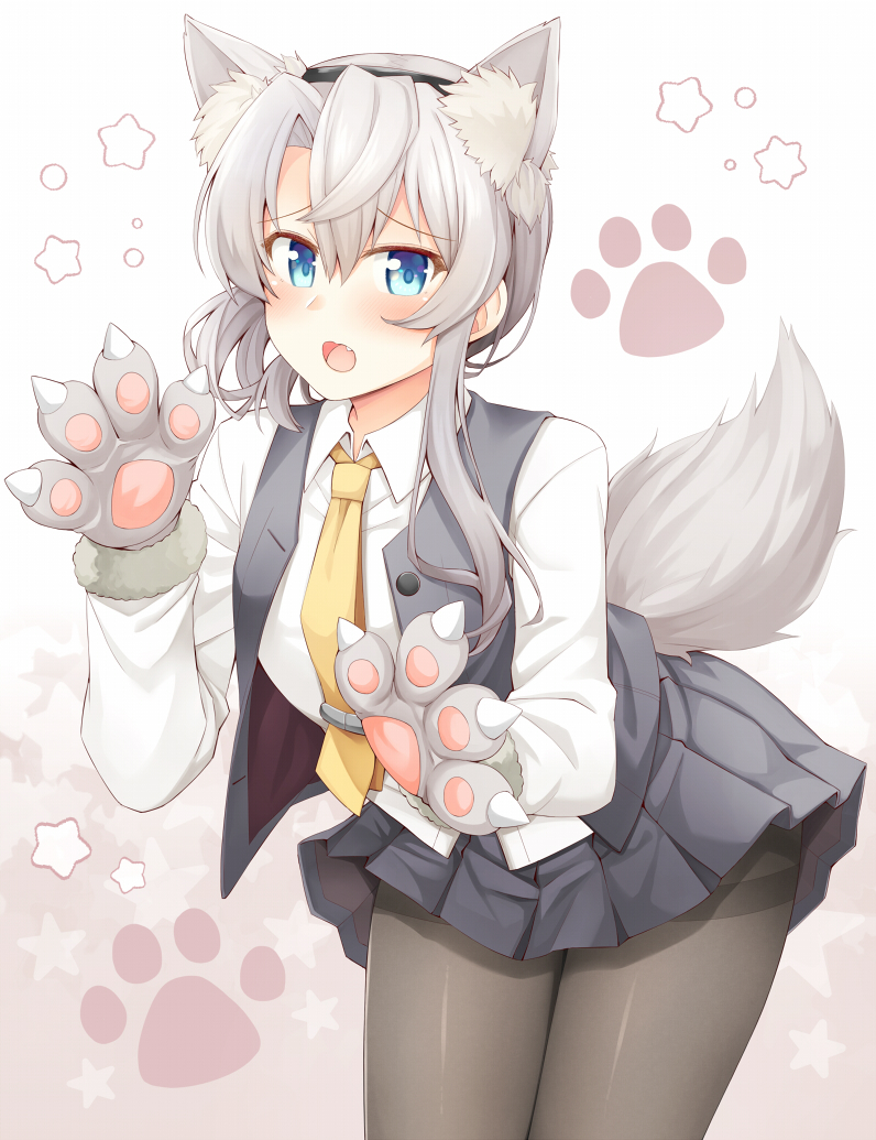 1girl animal_ears asymmetrical_hair black_legwear blue_eyes blush buttons collared_shirt cowboy_shot eyebrows_visible_through_hair fang grey_skirt grey_vest hair_between_eyes kantai_collection long_hair long_sleeves necktie nowaki_(kantai_collection) open_mouth pantyhose paw_print paws pleated_skirt rui_shi_(rayze_ray) shirt silver_hair skirt solo star_(symbol) tail vest white_shirt wolf_ears wolf_paws wolf_tail yellow_neckwear