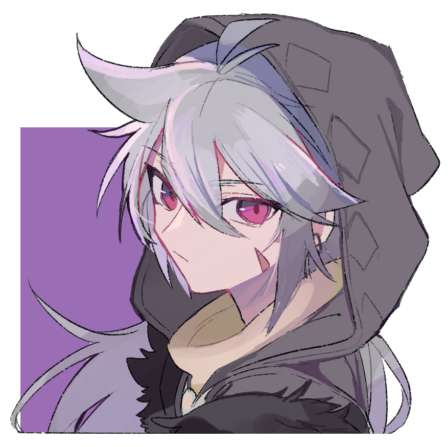 1boy bangs c3t_gg closed_mouth fur_trim genshin_impact grey_hair hair_between_eyes hood hood_up long_hair looking_at_viewer male_focus portrait razor_(genshin_impact) red_eyes scar scar_on_cheek scar_on_face simple_background solo