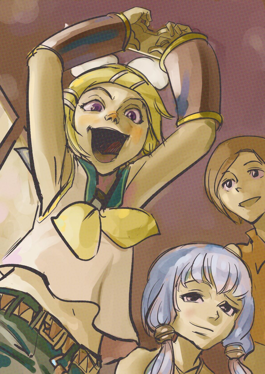 3girls arms_up bangs bare_shoulders belt black_collar blonde_hair bow brown_hair collar controller crop_top from_below game_controller hair_bow hair_tubes happy highres holding holding_controller holding_game_controller kagamine_rin looking_at_another meiko multiple_girls neckerchief nippori_honsha purple_hair raised_eyebrow red_shirt sailor_collar shirt short_hair short_hair_with_long_locks sleeveless sleeveless_shirt smile swept_bangs vocaloid white_bow white_shirt yellow_neckwear yuzuki_yukari