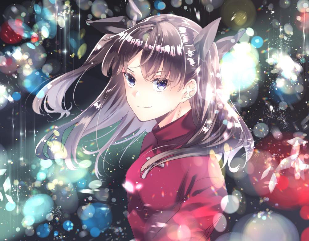 1girl blurry bokeh brown_eyes brown_hair depth_of_field fate/stay_night fate_(series) from_side hinoya looking_at_viewer smile solo tohsaka_rin turtleneck twintails upper_body