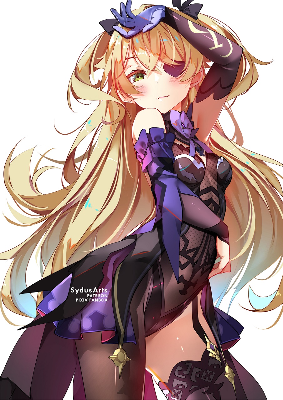 1girl bare_shoulders black_legwear blonde_hair blush bodysuit breasts dress eyepatch fischl_(genshin_impact) fishnet_bodysuit fishnets genshin_impact green_eyes hair_over_one_eye highres long_hair looking_at_viewer pantyhose single_thighhigh smile solo sydus thigh-highs watermark