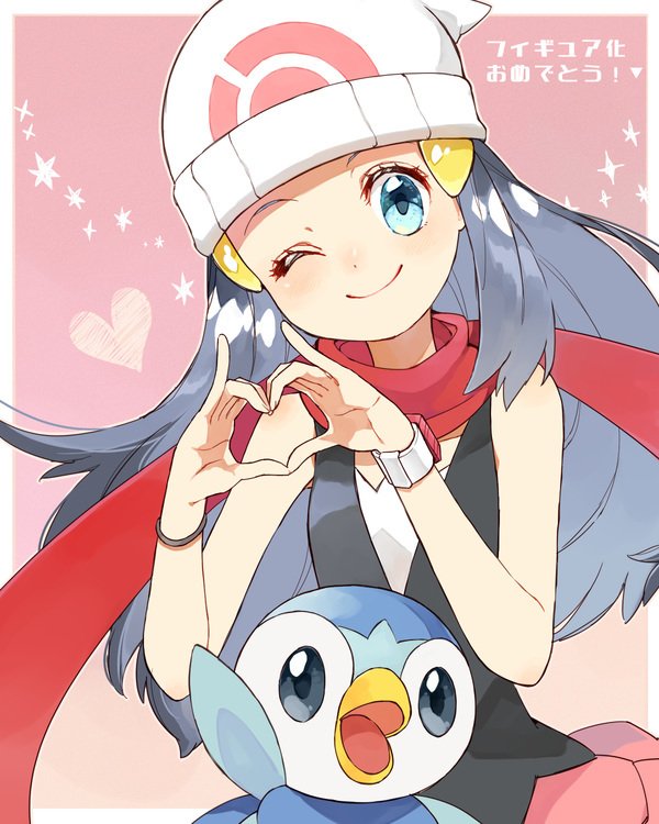 1girl beanie blue_eyes bracelet closed_mouth commentary_request hikari_(pokemon) eyelashes gen_4_pokemon grey_hair hair_ornament hairclip hat heart heart_hands jewelry looking_at_viewer one_eye_closed piplup pokemon pokemon_(anime) pokemon_(creature) pokemon_dppt_(anime) red_scarf sasairebun scarf smile starter_pokemon translation_request white_headwear