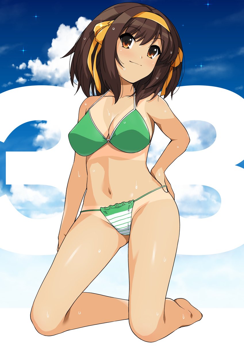 1girl bare_arms bare_legs bare_shoulders barefoot bikini breasts brown_eyes brown_hair commentary_request green_bikini hair_ribbon hairband hand_on_hip haruhisky highres kneeling light_smile looking_at_viewer medium_breasts medium_hair ribbon smile solo suzumiya_haruhi suzumiya_haruhi_no_yuuutsu swimsuit tan tanline wet yellow_hairband