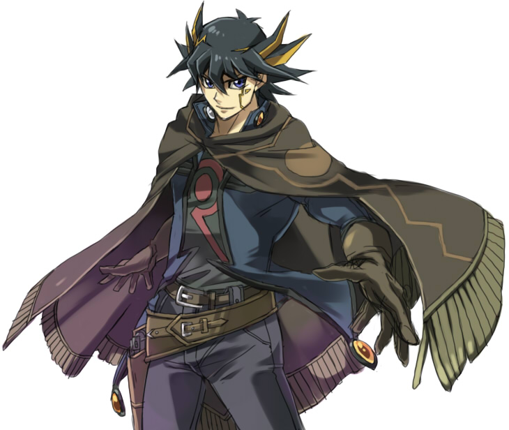 1boy belt blue_eyes elbow_gloves fudou_yuusei gloves gun hair_between_eyes holster holstered_weapon jacket looking_at_viewer machch male_focus multicolored_hair open_hand poncho smile spiky_hair two-tone_hair weapon white_background yu-gi-oh! yu-gi-oh!_5d's