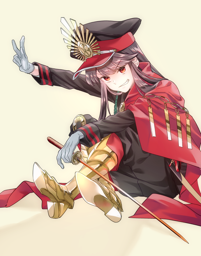 1girl bangs black_hair boots cape crossed_legs eyebrows_visible_through_hair family_crest fate_(series) gloves gold_footwear grin hat hinoya jacket long_hair long_sleeves looking_at_viewer metal_boots oda_nobunaga_(fate)_(all) oda_uri outstretched_arm peaked_cap red_eyes sheath sidelocks simple_background sitting smile solo sword very_long_hair w weapon white_gloves