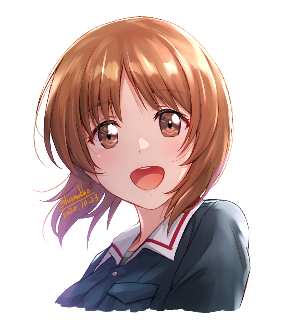 1girl :d artist_name brown_eyes brown_hair dated eyebrows_visible_through_hair girls_und_panzer long_hair looking_at_viewer military military_uniform nishizumi_miho ooarai_military_uniform open_mouth portrait shamakho short_hair signature simple_background smile solo uniform upper_body white_background