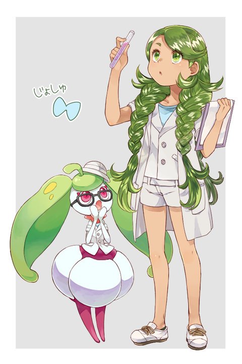 1girl bangs border braid commentary_request eyelashes gen_7_pokemon green_eyes green_hair holding looking_up mallow_(pokemon) open_mouth outside_border pokemon pokemon_(anime) pokemon_(creature) pokemon_sm_(anime) sasairebun shiny shiny_hair shoes shorts standing steenee swept_bangs test_tube twin_braids twintails white_border white_footwear white_shorts