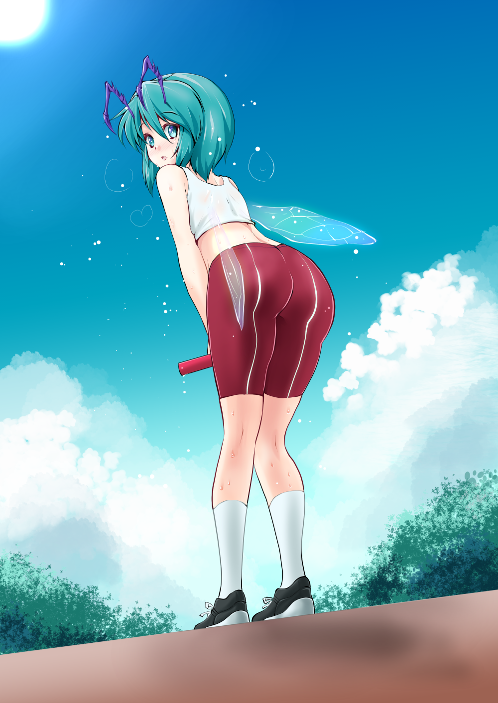 1girl antennae ass ass_focus back bangs baton bike_shorts black_footwear blush clouds commentary_request crop_top day dutch_angle eyebrows_visible_through_hair full_body green_eyes green_hair hair_between_eyes heavy_breathing highres holding insect_wings leaning_forward looking_at_viewer looking_back madara_inosuke nose_blush red_shorts relay_baton relay_race shoes short_hair shorts sky sneakers socks solo standing sun sweat touhou tree white_legwear wings wriggle_day wriggle_nightbug