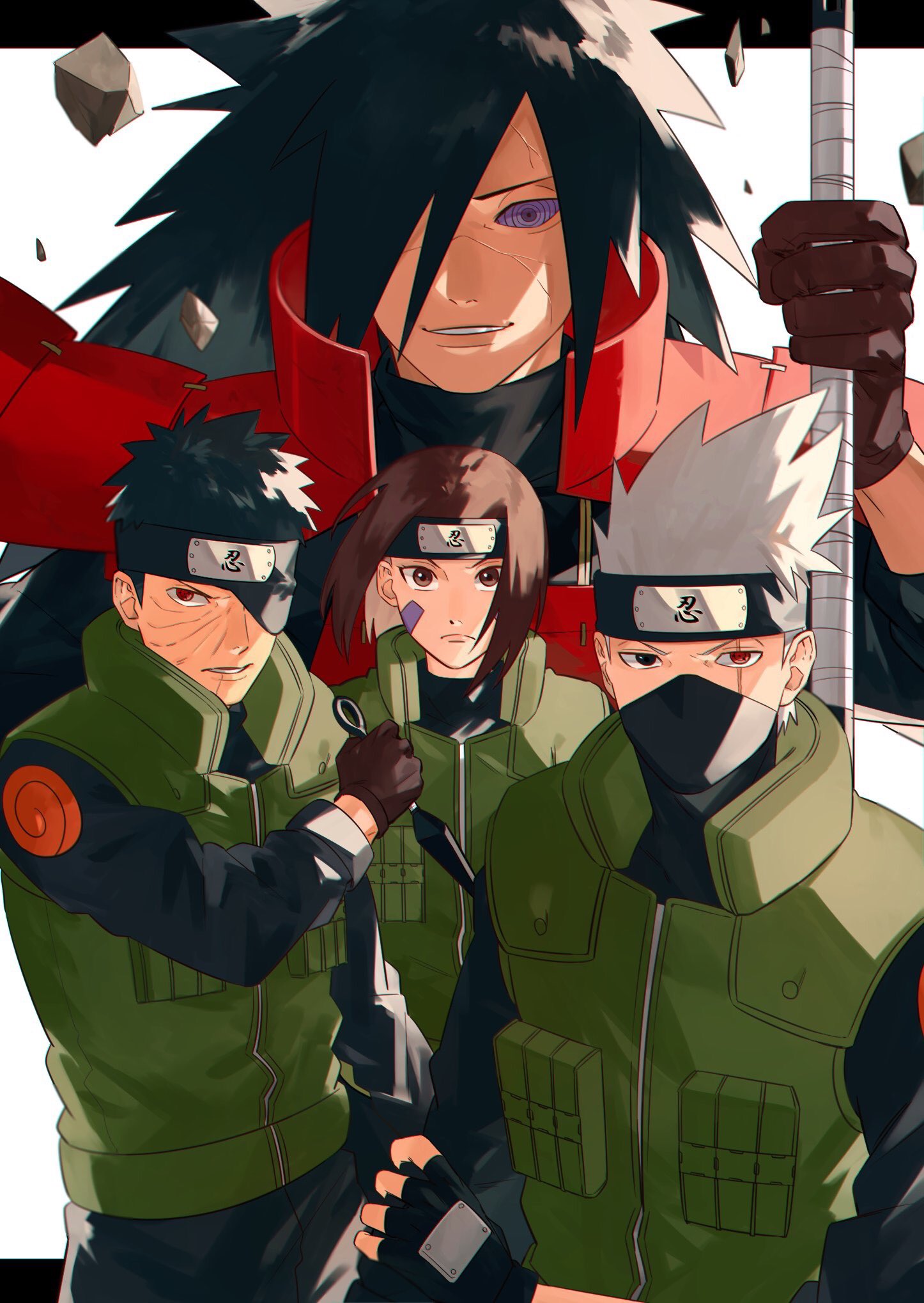 1girl 3boys armor black_eyes black_gloves black_hair black_headband black_pants black_shirt brown_eyes brown_gloves brown_hair closed_mouth debris facial_mark facial_scar fingerless_gloves forehead_protector frown gloves green_vest hatake_kakashi headband highres japanese_armor letterboxed long_hair long_sleeves looking_at_another looking_at_viewer mask mirin_(coene65) mouth_mask multiple_boys naruto_(series) naruto_shippuuden nohara_rin one_eye_covered open_mouth pants red_armor red_eyes rinnegan scar scar_across_eye sharingan shirt short_hair silver_hair smile spiky_hair standing uchiha_madara uchiha_obito upper_body vest what_if white_background