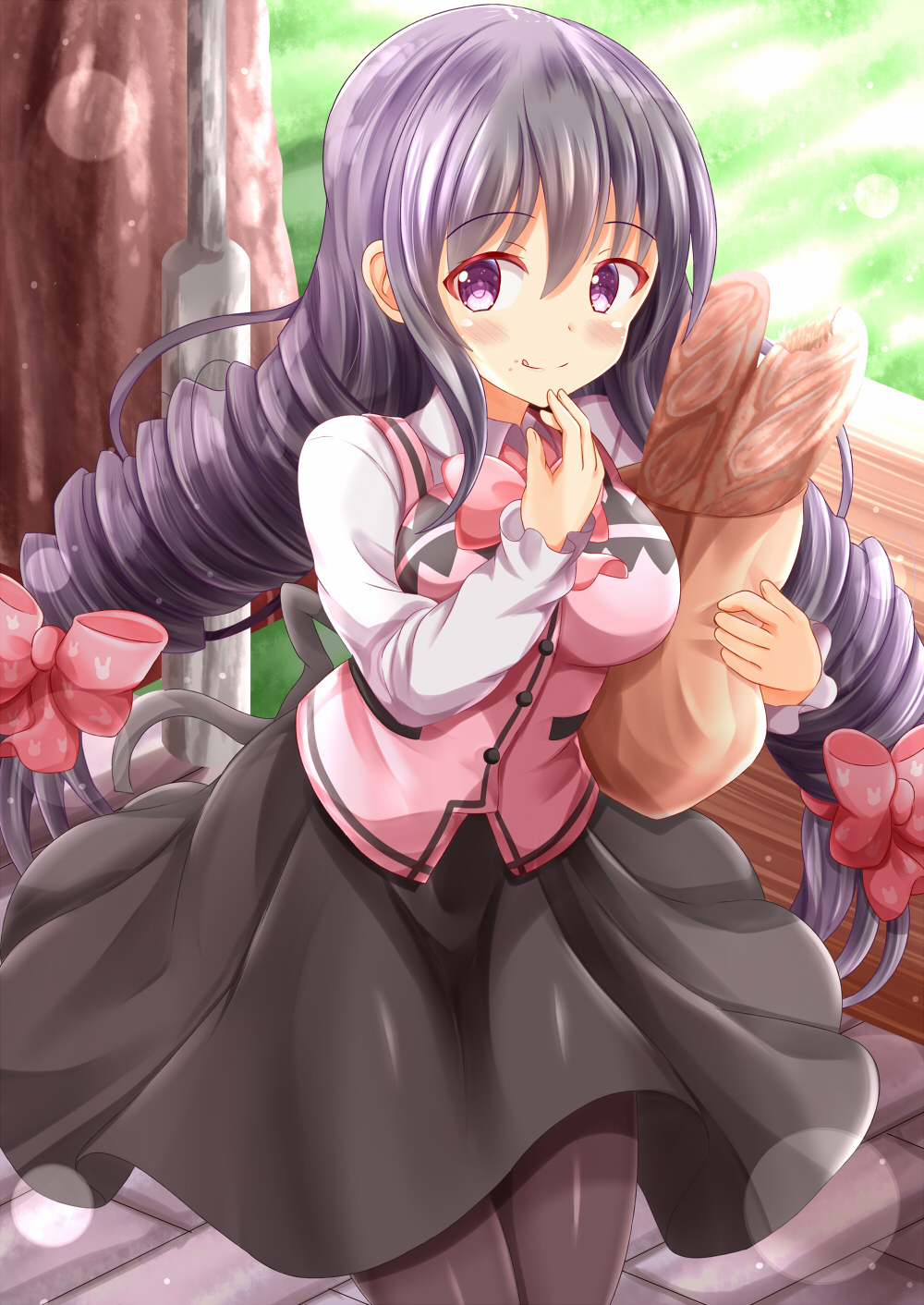 1girl :q alternate_costume bag baguette bangs bench black_hair black_legwear black_skirt blurry blurry_background blush bow bread breasts closed_mouth collared_shirt commentary_request cosplay depth_of_field drill_hair eyebrows_visible_through_hair food food_on_face gochuumon_wa_usagi_desu_ka? hair_between_eyes hair_bow hand_up highres holding holding_bag idolmaster idolmaster_cinderella_girls long_hair long_sleeves low_twintails medium_breasts pantyhose paper_bag park_bench pink_vest rabbit_house_uniform red_bow sakakibara_satomi shirt skirt smile solo tongue tongue_out tree twin_drills twintails uniform very_long_hair vest violet_eyes waitress white_shirt zenon_(for_achieve)