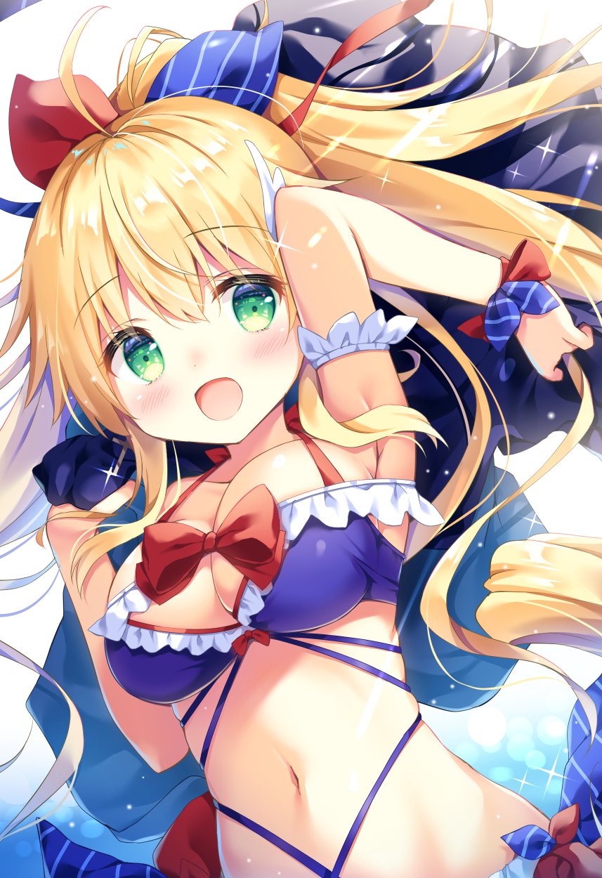 arm_up armpits azur_lane bikini blonde_hair breasts green_eyes highres large_breasts le_temeraire_(azur_lane) le_temeraire_(summer_style_temmie)_(azur_lane) long_hair navel satsuki_yukimi smile swimsuit two-tone_bow