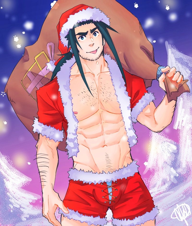 1boy :p abs bara bare_chest behind_back black_eyes black_hair bulge chest chest_hair christmas cowboy_shot facial_hair gift_bag hat jasdavi long_hair male_focus merry_christmas muscle navel navel_hair nipples original ponytail santa_costume santa_hat short_sleeves shorts sideburns solo stubble tongue tongue_out