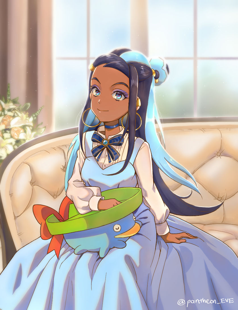 1girl alternate_costume artist_name black_hair blue_choker blue_dress blue_eyes blue_hair blue_ribbon choker closed_mouth commentary couch dark_skin dress earrings gen_3_pokemon hair_bun hoop_earrings indoors jewelry long_hair looking_at_viewer lotad makeup multicolored_hair nessa_(pokemon) on_lap pantheon_eve pokemon pokemon_(creature) pokemon_(game) pokemon_on_lap pokemon_swsh purple_eyeshadow ribbon sitting smile two-tone_hair watermark window