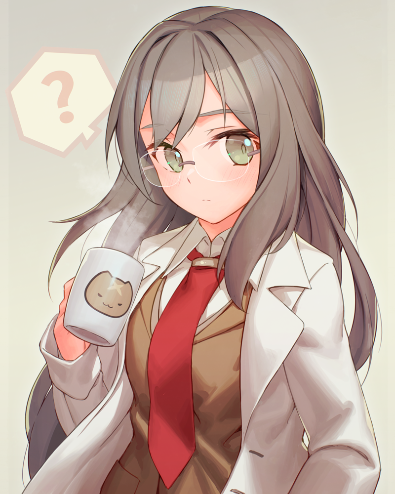 1girl ? artist_logo bangs beige_background brown_eyes brown_hair brown_vest closed_mouth coffee_mug collared_shirt commentary_request cup expressionless eyebrows_visible_through_hair futaba_rio glasses gradient gradient_background gradient_eyes green_eyes holding holding_cup labcoat long_hair long_sleeves looking_at_viewer mug multicolored multicolored_eyes necktie open_clothes pocket red_neckwear rimless_eyewear rotix school_uniform seishun_buta_yarou shirt solo spoken_question_mark steam tie_clip unbuttoned upper_body vest white_shirt