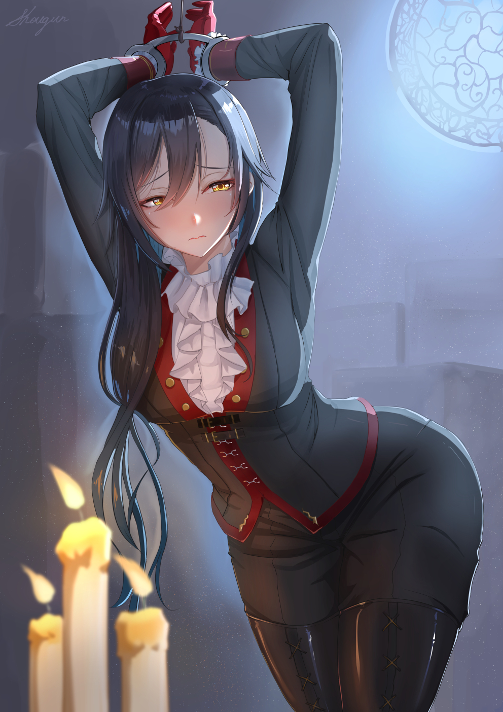 1girl arms_up black_hair black_pants black_shirt boots box candle closed_mouth commentary_request fire flame gloves hair_between_eyes highres idolmaster idolmaster_shiny_colors indoors knee_boots long_hair pants red_gloves restrained shirase_sakuya shirt shogun_(a96040021) sidelocks white_neckwear yellow_eyes