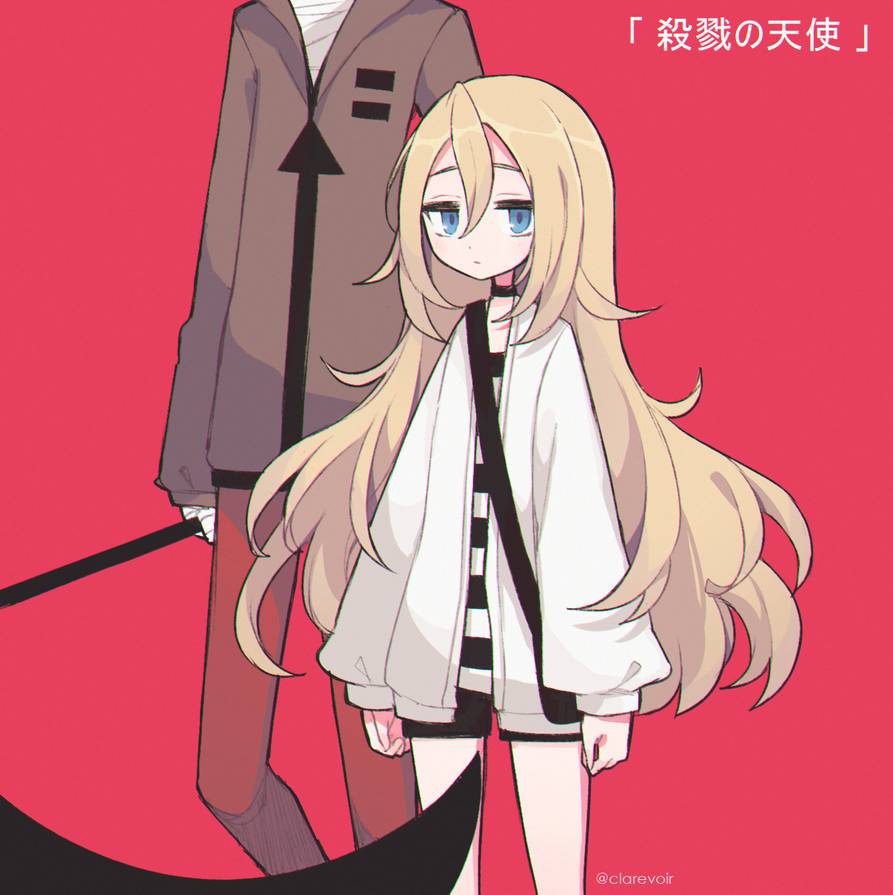 1girl 1other arrow_(symbol) artist_name bag bandaged_hands bandages bangs black_choker black_shorts blonde_hair blue_eyes blush brown_jacket choker clarevoir closed_mouth commentary_request english_commentary expressionless flat_chest half-closed_eyes head_out_of_frame holding holding_weapon jacket jpeg_artifacts light_blush long_hair long_sleeves looking_at_viewer mixed-language_commentary open_clothes open_jacket original pants partial_commentary pink_background red_pants scythe shiny shiny_hair shirt short_shorts shorts shoulder_bag simple_background standing striped striped_shirt translation_request twitter_username watermark weapon white_jacket