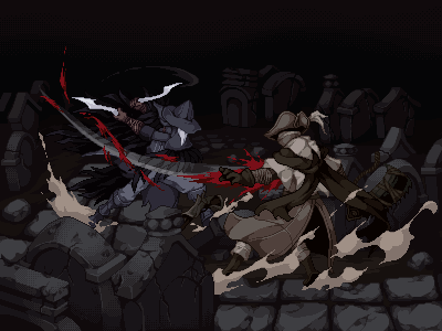 2boys blood bloodborne boots brown_gloves character_request dagger dual_wielding dust gloves graveyard hat holding holding_weapon hunter_(bloodborne) lowres male_focus multiple_boys pixel_art tombstone tricorne warabin_(suteki_denpun) weapon