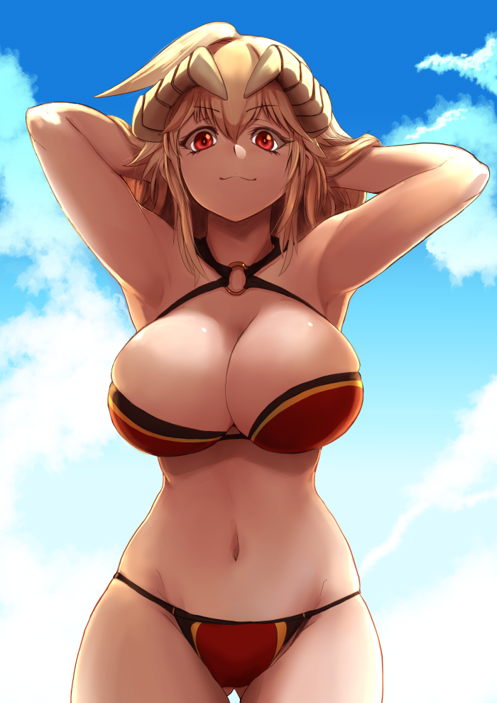 armpits arms_behind_head ass_visible_through_thighs bikini breasts day fujioka_yatsufusa hair_between_eyes halterneck horns krushu_cornou large_breasts looking_at_viewer medium_hair o-ring outdoors pixiv_fantasia pixiv_fantasia_last_saga red_bikini red_eyes standing swimsuit