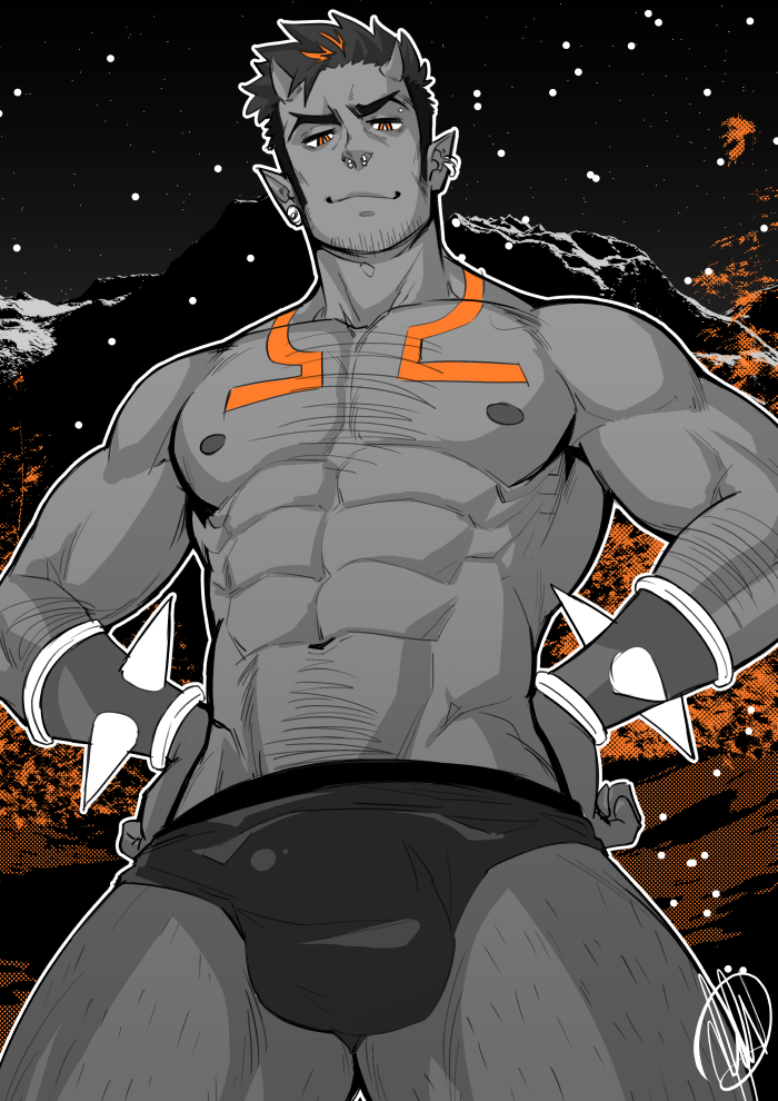 1boy abs bara briefs bulge chest chest_hair cowboy_shot earrings facial_hair hairy hands_on_hips horns jasdavi jewelry limited_palette male_focus male_underwear muscle navel navel_hair nipples nose_piercing oni oni_horns original oskar_(jasdavi) piercing pointy_ears red_eyes short_hair sideburns solo stubble thick_thighs thighs underwear