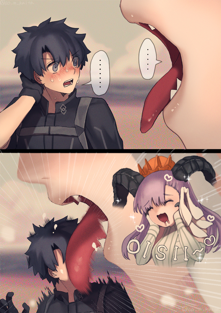 1boy 1girl bangs black_hair black_jacket blue_eyes blush closed_eyes fate/extra fate/extra_ccc fate/extra_ccc_fox_tail fate/grand_order fate_(series) fujimaru_ritsuka_(male) giantess jacket kingprotea licking long_hair mokamilkcup open_mouth polar_chaldea_uniform purple_hair sharp_teeth short_hair smile teeth tongue tongue_out very_long_hair