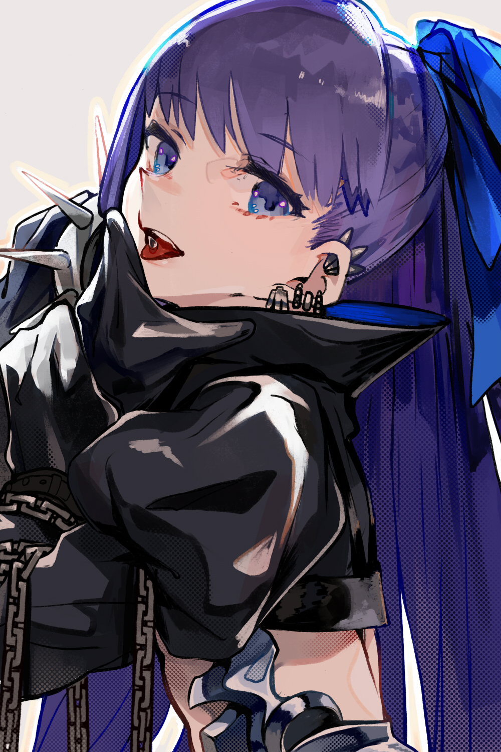 1girl :d bangs blue_eyes blue_ribbon chain ear_piercing earrings eyebrows_visible_through_hair fate/extra fate_(series) hair_ribbon highres jewelry long_hair looking_at_viewer meltryllis open_mouth piercing puffy_sleeves purple_hair ribbon smile solo spikes teeth tongue tongue_out tongue_piercing toro3