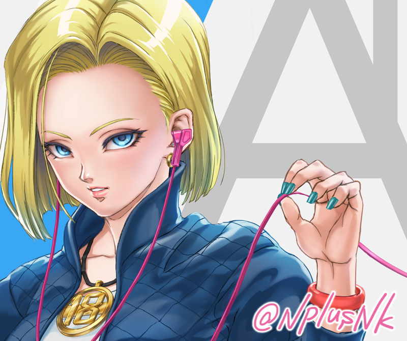 1girl android_18 artist_name blonde_hair blue_eyes blue_jacket bracelet commentary_request dragon_ball earphones earrings eyelashes green_nails holding jacket jewelry looking_at_viewer nail_polish naomi_(nplusn) necklace parted_lips pink_lips shiny shiny_hair short_hair solo watermark