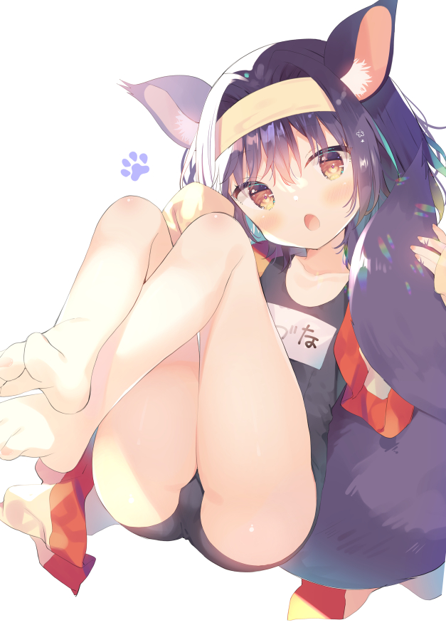 1girl :o animal_ear_fluff animal_ears bangs bare_legs barefoot black_swimsuit blush brown_eyes commentary_request eyebrows_visible_through_hair fox_ears fox_girl fox_tail hair_between_eyes hair_intakes hands_up hatsuse_izuna head_tilt headband knees_up long_hair long_sleeves looking_at_viewer navel no_game_no_life old_school_swimsuit one-piece_swimsuit open_clothes open_mouth purple_hair school_swimsuit simple_background sleeves_past_fingers sleeves_past_wrists solo swimsuit tail white_background yuizaki_kazuya