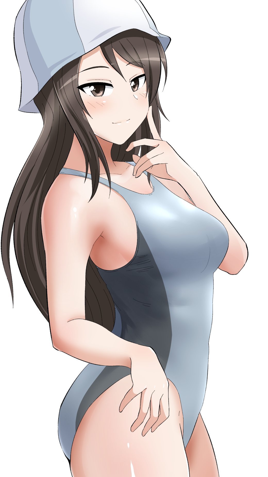 1girl bangs blue_headwear blue_swimsuit brown_eyes brown_hair closed_mouth commentary cowboy_shot finger_to_face from_side girls_und_panzer half-closed_eyes hat highres light_blush long_hair looking_at_viewer mika_(girls_und_panzer) one-piece_swimsuit pecayuya simple_background smile solo standing swimsuit tulip_hat white_background