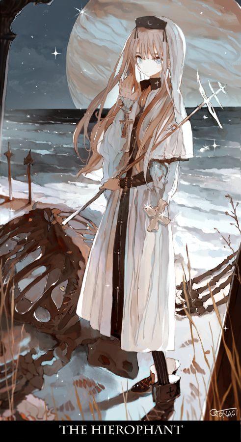 1girl animal_skull asahiro bone bracelet collared_dress cross dress full_body grey_eyes grey_hair hand_up headpiece holding holding_staff jewelry jupiter_(planet) long_hair original outdoors planted_weapon shore signature skeleton solo staff star_(sky) sword tarot the_hierophant turtle weapon