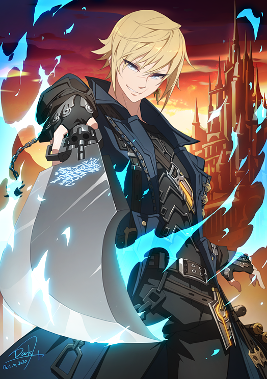 1other androgynous arm_at_side arm_up armor blonde_hair blue_eyes blue_fire breastplate castle clouds coat collared_coat commission dark.h dated earrings fictional_persona final_fantasy final_fantasy_xiv fingerless_gloves fire foreshortening gloves gun gunblade gunbreaker_(final_fantasy) holding holding_gun holding_sword holding_weapon hyur jewelry open_clothes open_coat pants scar short_hair sidelocks signature single_earring sky smirk sword trigger_discipline tsurime twilight upper_body weapon