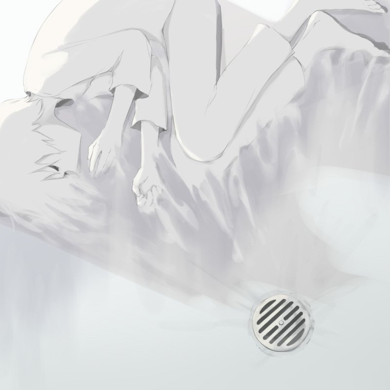 1boy avogado6 barefoot closed_eyes drain_(object) fetal_position from_above lying male_focus on_side original pants shirt solo white_hair white_pants white_shirt white_skin