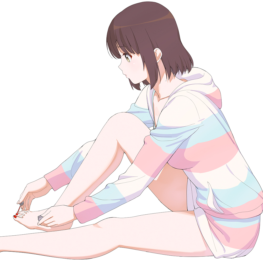 1girl a1 bangs brown_eyes brown_hair commentary_request fingernails hood hoodie katou_megumi looking_away nail_polish painting_nails saenai_heroine_no_sodatekata short_hair shorts simple_background sitting solo toenail_polish white_background