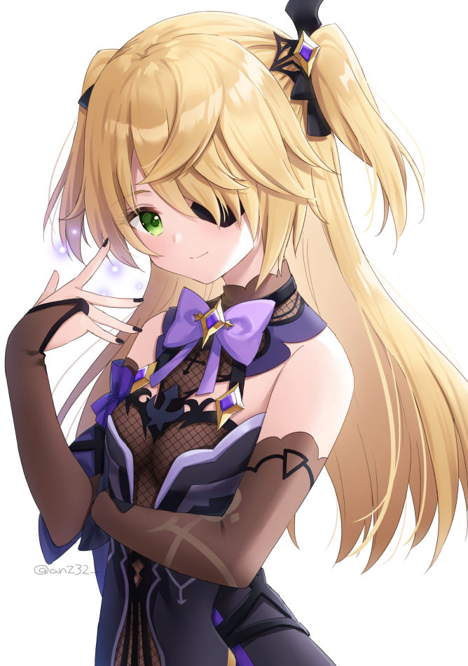 1girl anz32 bangs bare_shoulders black_bow black_dress black_nails blonde_hair bow bridal_gauntlets closed_mouth commentary_request dress eyebrows_visible_through_hair eyepatch fischl_(genshin_impact) genshin_impact hair_bow hair_over_one_eye hand_up long_hair looking_at_viewer nail_polish simple_background sleeveless sleeveless_dress smile solo twitter_username two_side_up very_long_hair white_background