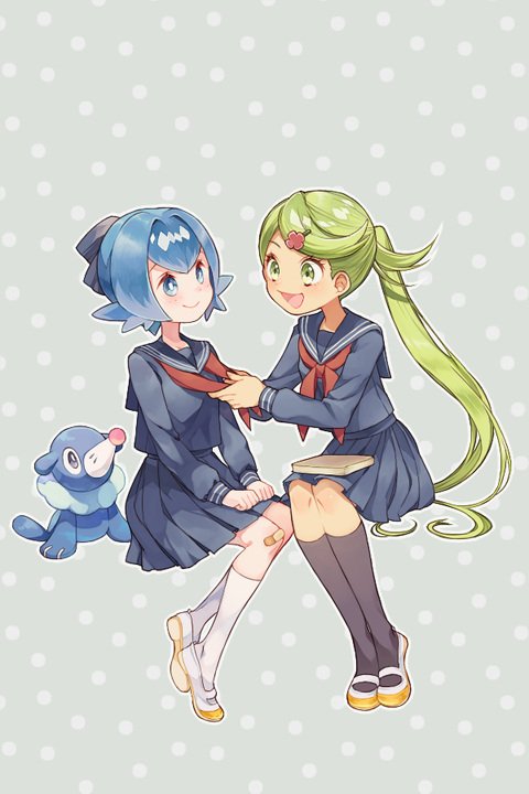 2girls alternate_costume bandaid bandaid_on_knee bangs black_skirt blue_eyes blue_hair blush closed_mouth commentary_request eyelashes gen_7_pokemon green_eyes green_hair hands_on_lap lana_(pokemon) long_hair long_sleeves mallow_(pokemon) multiple_girls open_mouth pleated_skirt pokemon pokemon_(anime) pokemon_(creature) pokemon_sm_(anime) ponytail popplio sailor_collar sasairebun school_uniform shoes short_hair skirt smile socks starter_pokemon swept_bangs tongue white_legwear