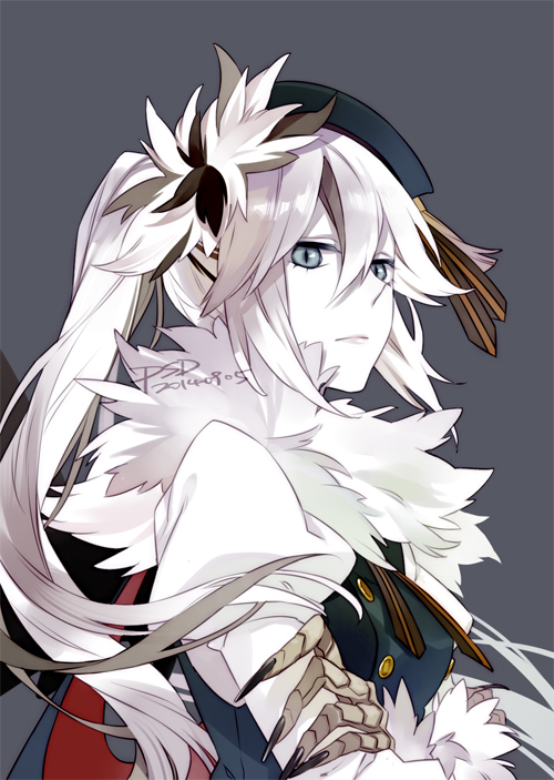 1girl barrette black_nails buttons claws crossed_arms demon_girl fingernails fur_trim greif_(haiiro_teien) grey_background grey_eyes haiiro_teien hat long_hair military military_uniform psd sharp_fingernails side_ponytail solo uniform white_hair