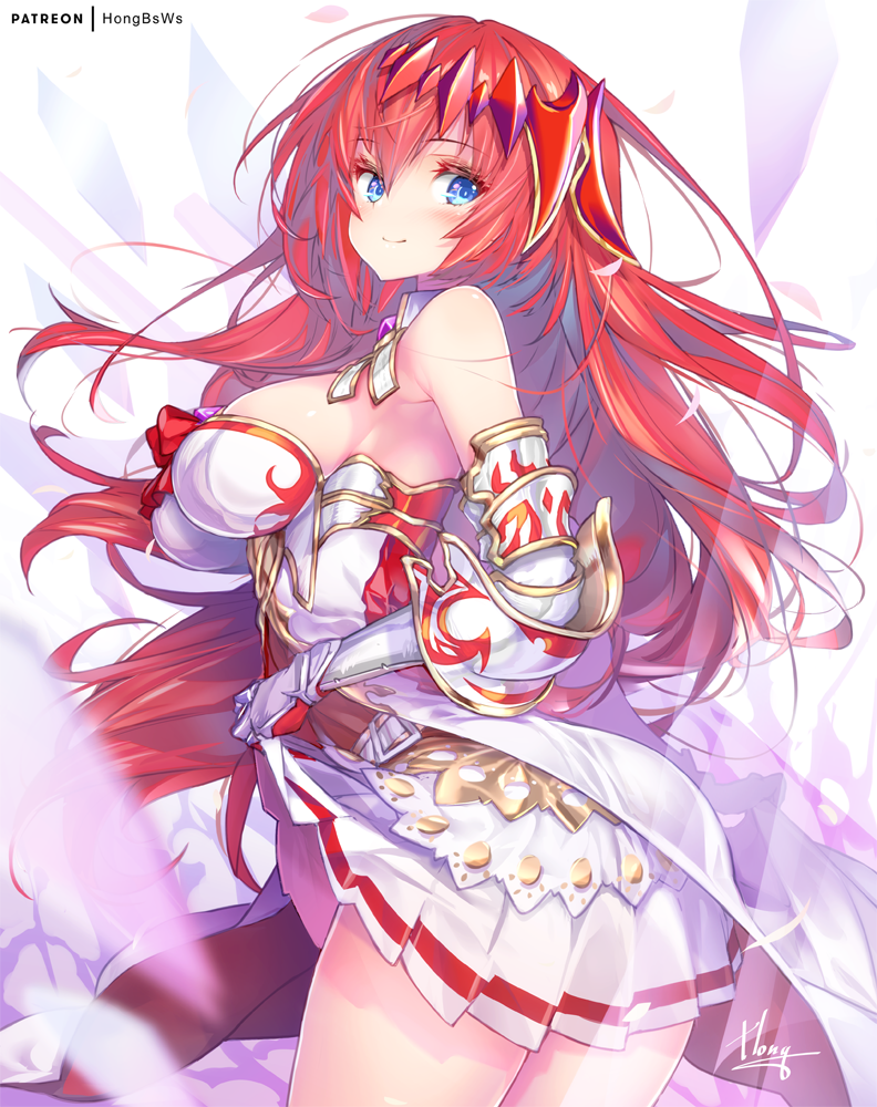 1girl ass bangs bare_shoulders blush breasts closed_mouth dress gauntlets gloves godguard_brodia granblue_fantasy hair_between_eyes hair_ornament hong_(white_spider) long_hair looking_at_viewer redhead skirt smile thighs very_long_hair white_dress white_skirt