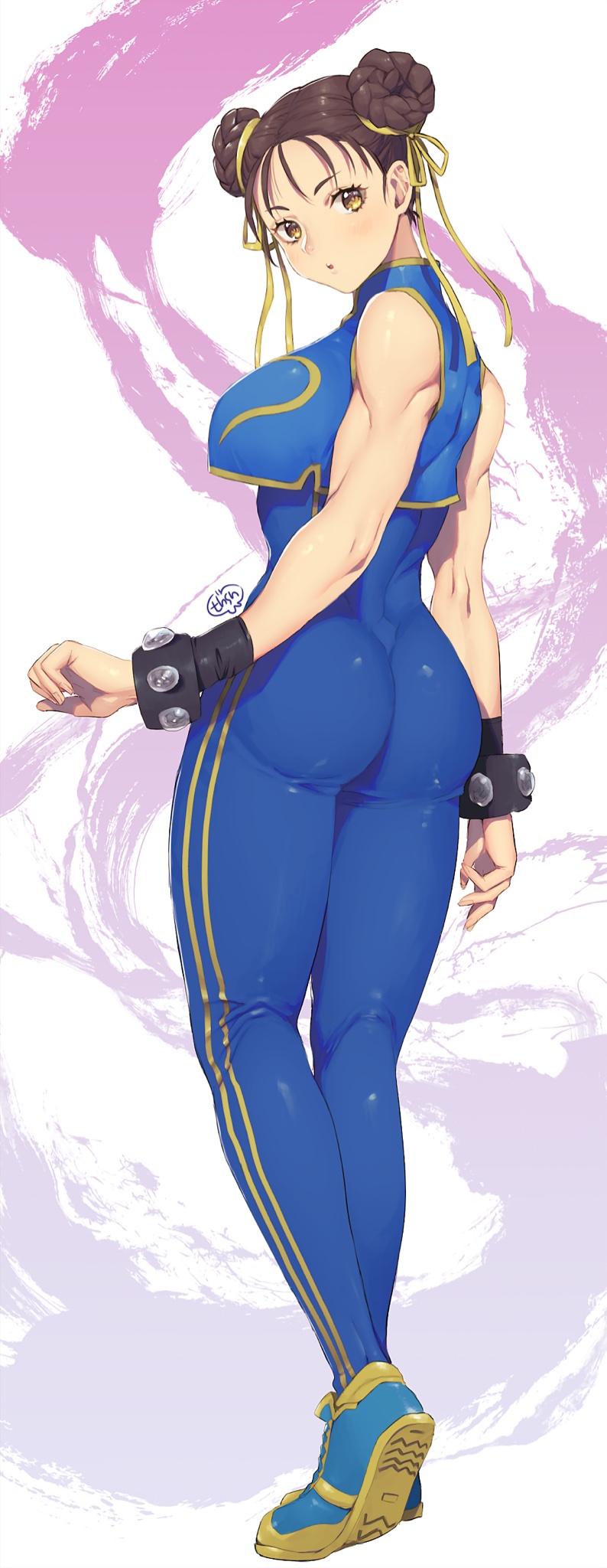 1girl ass bangs blue_bodysuit blush bodysuit bracelet breasts brown_eyes brown_hair chun-li commentary_request double_bun fingernails highres jewelry jumpsuit looking_at_viewer looking_back medium_breasts murata_tefu parted_lips shiny shiny_clothes shiny_skin shoes signature simple_background skin_tight sleeveless sneakers solo standing street_fighter street_fighter_zero_(series) striped tied_hair vertical_stripes