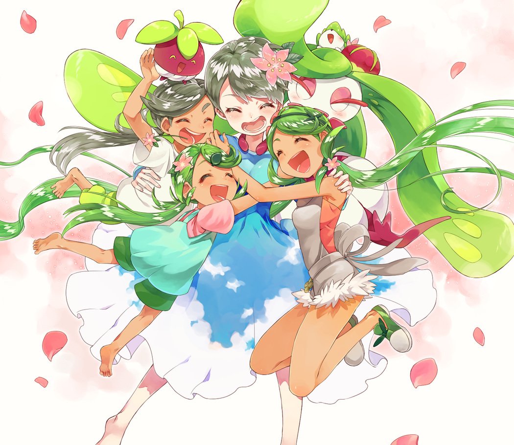 4girls bangs barefoot bounsweet breasts closed_eyes commentary eyelashes floating_hair flower gen_7_pokemon green_footwear green_hair grey_overalls hair_flower hair_ornament hug mallow's_mother_(pokemon) mallow_(pokemon) mother_and_daughter multiple_girls open_mouth overalls petals pink_flower pokemon pokemon_(anime) pokemon_(creature) pokemon_sm_(anime) sasairebun shiny shiny_hair shoes smile soles swept_bangs teeth toes tongue tsareena twintails younger