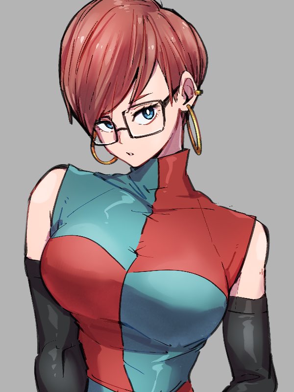 1girl alternate_hair_length alternate_hairstyle android_21 black-framed_eyewear breasts checkered checkered_dress dragon_ball dragon_ball_fighterz dress earrings glasses grey_background hoop_earrings jewelry kemachiku large_breasts looking_at_viewer redhead short_hair simple_background solo